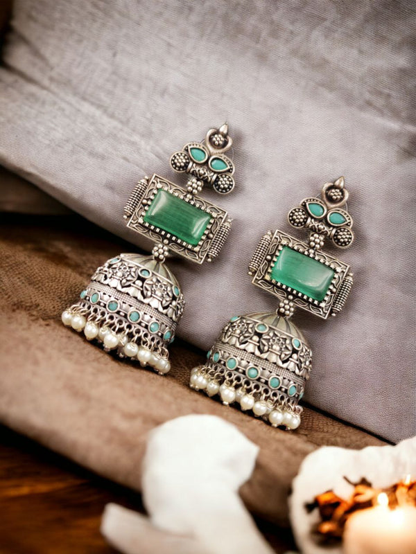 Tradition’s Glory Green Stone With White Pearl Brass Jhumka