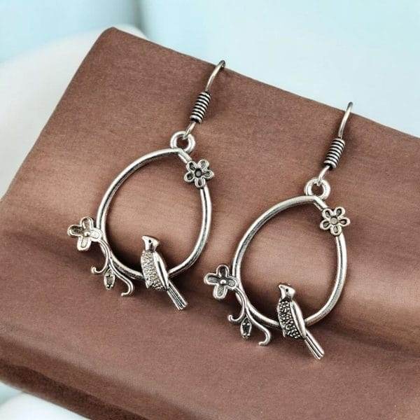 Oxidised Casual Earrings | Best Designer German Silver Bird Dangler Hook Earring - Craftybella