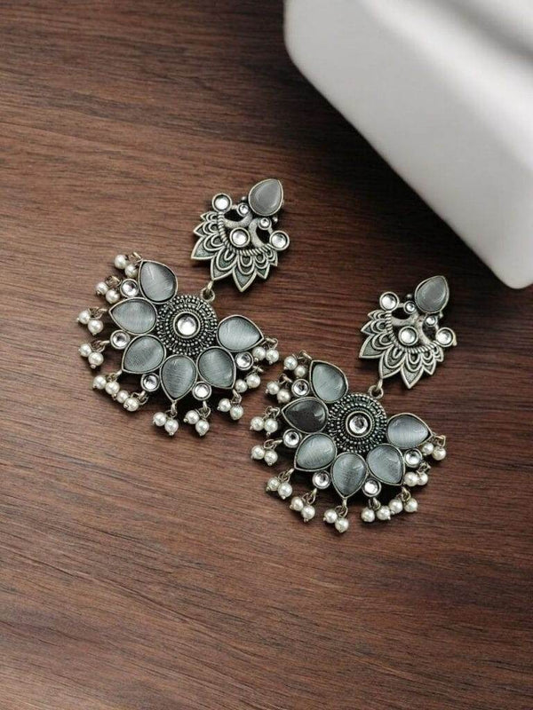 Oxidised Peacock Stud Stone Earrings | Best Dangler Silver Look a Like Jewelry - Craftybella