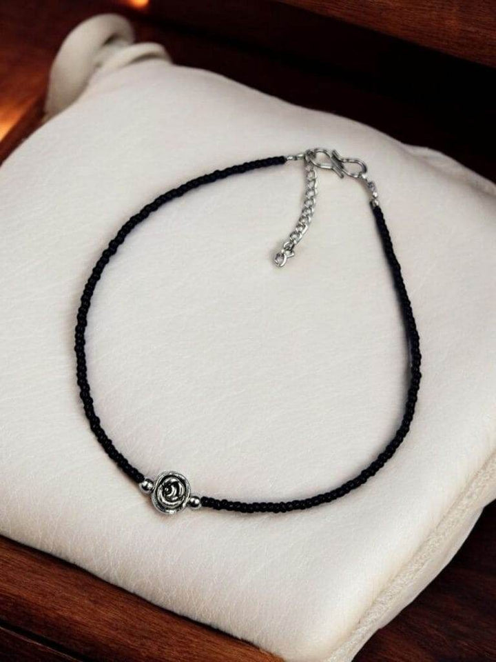 Black Beads Flower Anklet - Craftybella