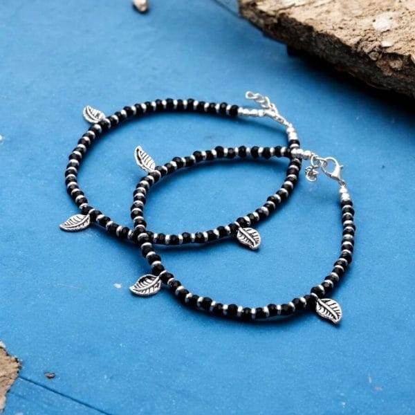 Stylish Oxidised Leaf Anklet with Crystal Beads - Craftybella
