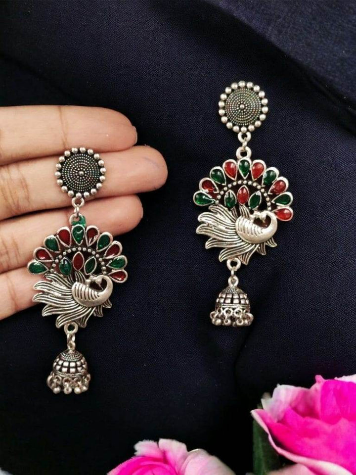 Red & Green Meenawork Jhumki Earrings - Craftybella