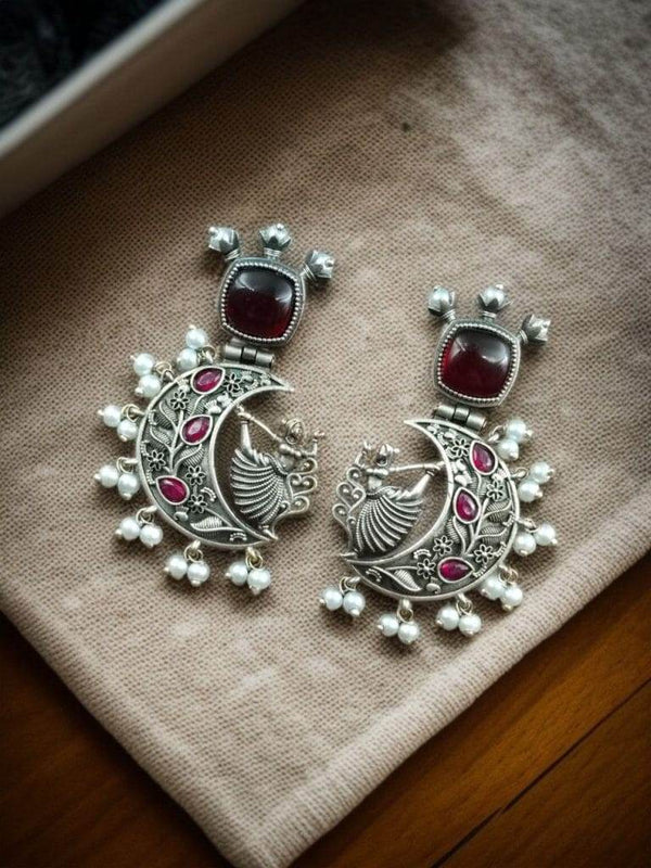 Handcrafted Silver Look-Alike Amazing Dancing Girl Earrings with Floral Moon & Red Pearl Detailing - Craftybella