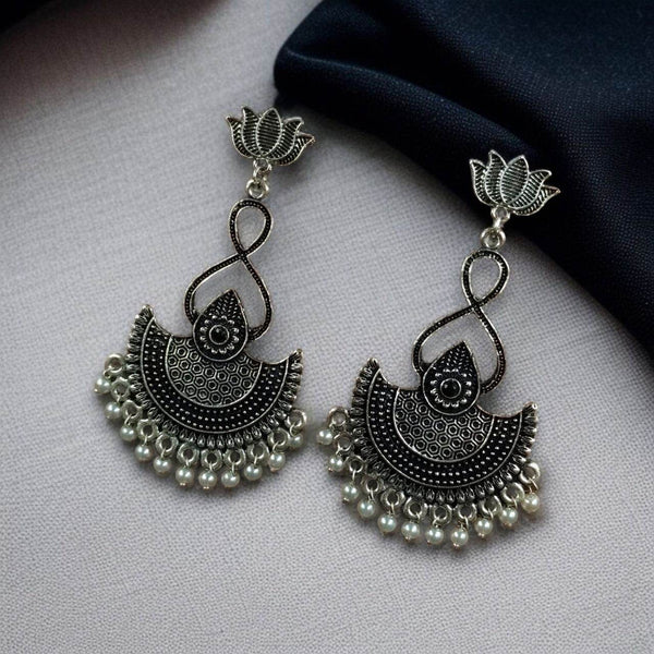 Silver Plated Lotus Chandbali Earrings | Pearl & Stone Unique Dangler Jewelry - Craftybella