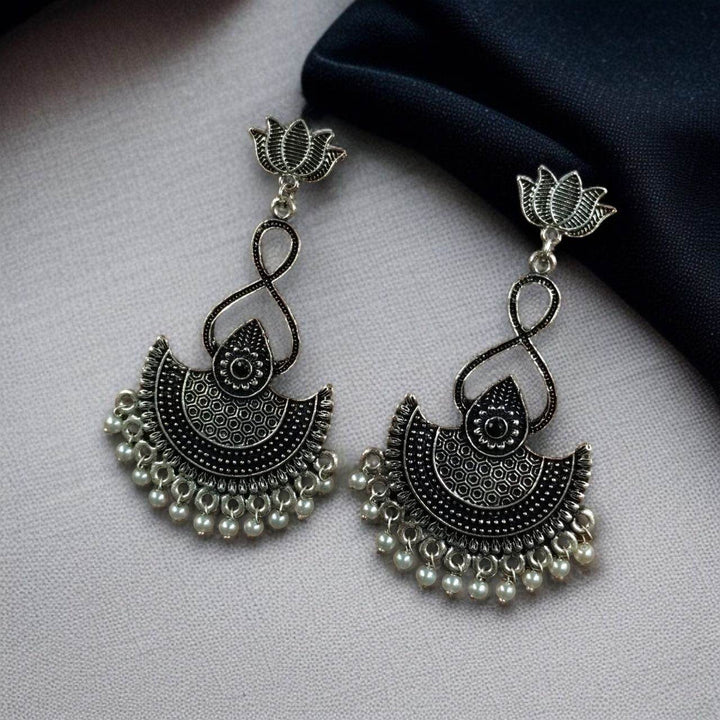 Silver Plated Lotus Chandbali Earrings | Pearl & Stone Unique Dangler Jewelry - Craftybella
