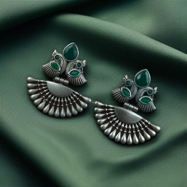 Oxidized Silver Plated Peacock Dangler Earrings | Best Traditional Green Ethnic Stone Detailing Jewelry