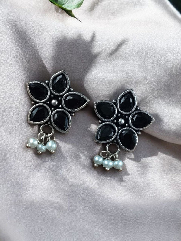 Ethnic Stylish Black Flower Stud Earrings